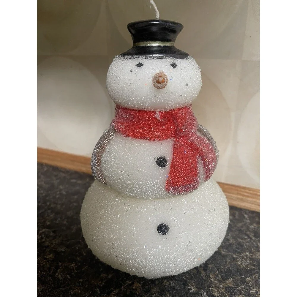 Vintage Pottery Barn 8 inch Glitter Snowman Candle Holidays Christmas whimsy NWT